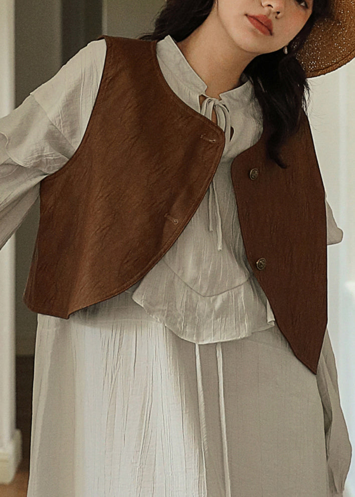 Coffee O-neck Button Faux Leather Waistcoat Fall