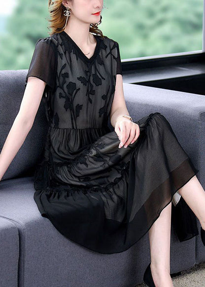 Black Embroideried Patchwork Ruffled Chiffon Maxi Dresses Summer