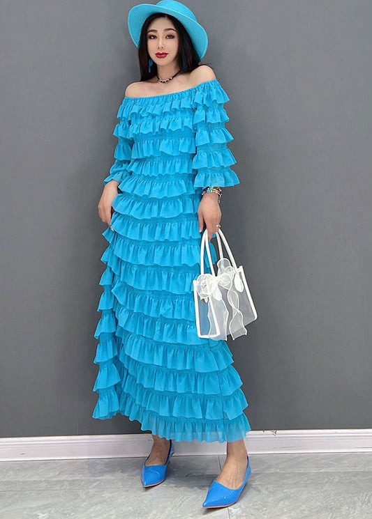 Blue Slash Neck Layered Ruffles Tulle Long Dresses Half Sleeve