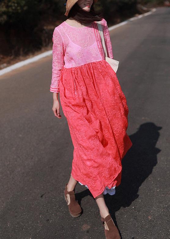 Loose Rose Embroidery Clothes O Neck Patchwork Kaftan Summer Dress