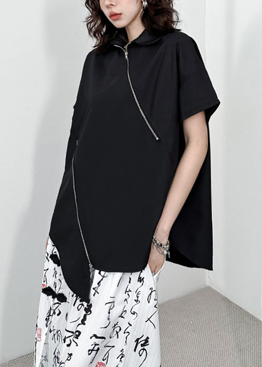 Black Zippered Asymmetrical Patchwork Cotton Blouses Short Sleeve