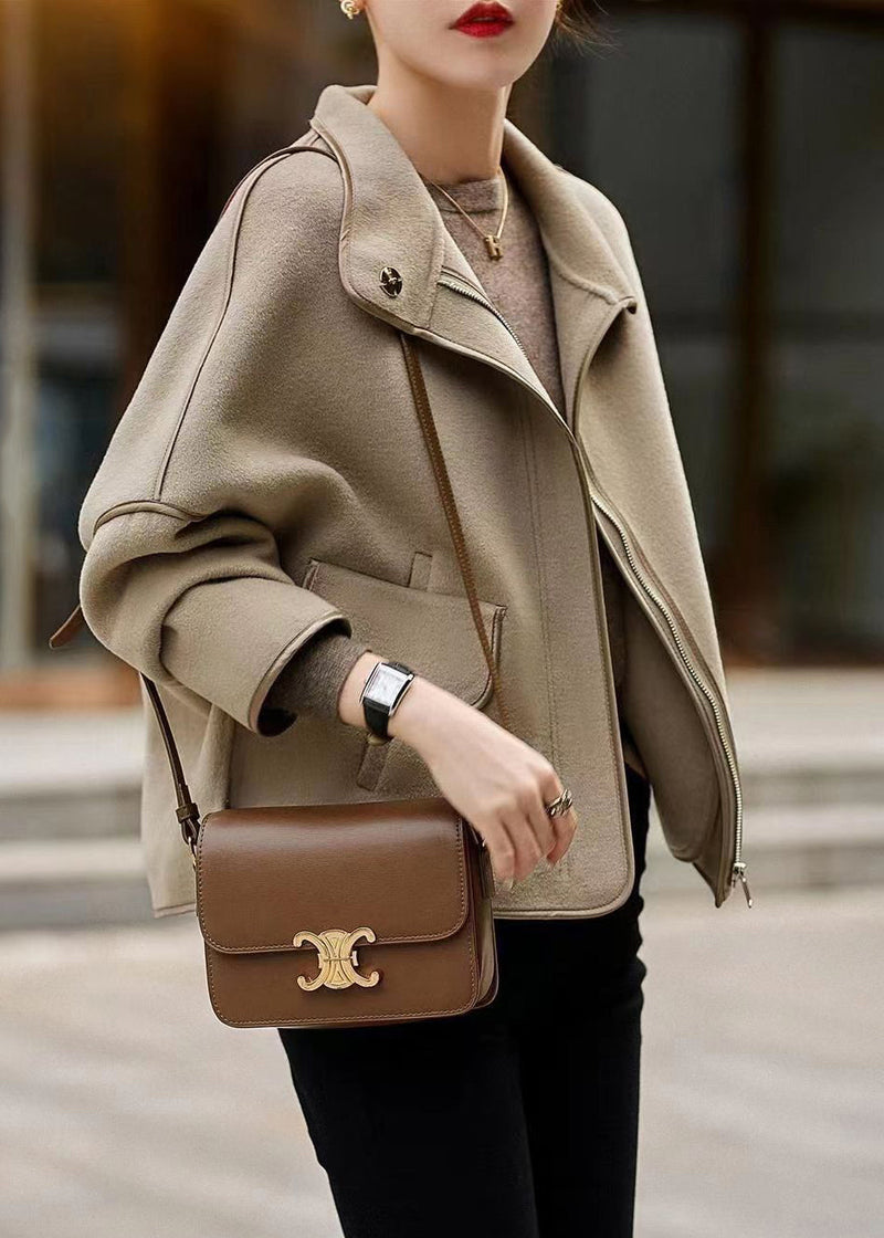 Grey Stand Collar Zippered Patchwork Woolen Coats Fall