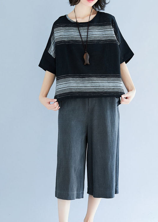 Black Oversized Striped Cotton Tanks Short Sleeve