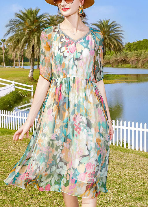 V Neck Multi Print Wrinkled Layered Chiffon Mid Dress Short Sleeve