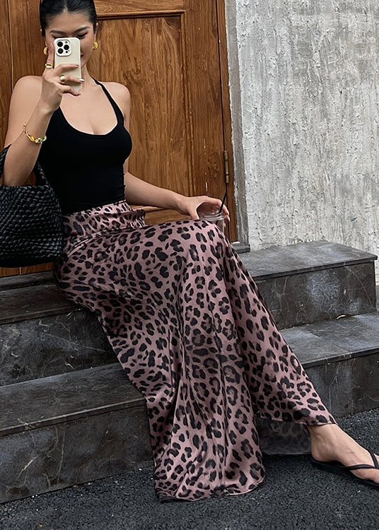 Brown Leopard Print Draping Silk Wraped Skirts Fall