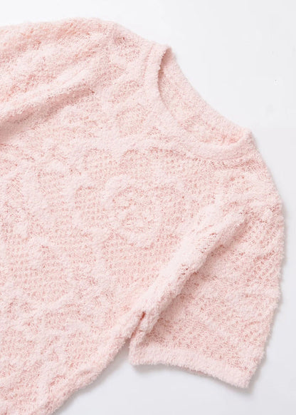 Art Pink O Neck Hollow Out Knit T Shirts Summer
