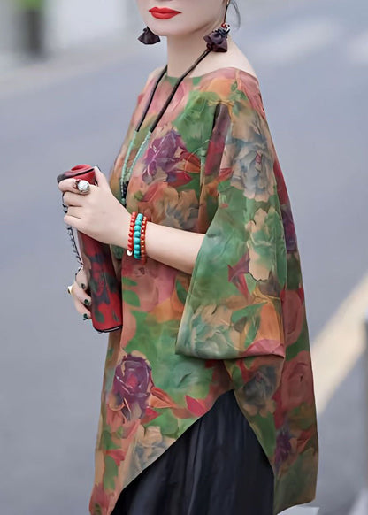 Green Asymmetrical Print Silk Shirt Tops Bracelet Sleeve