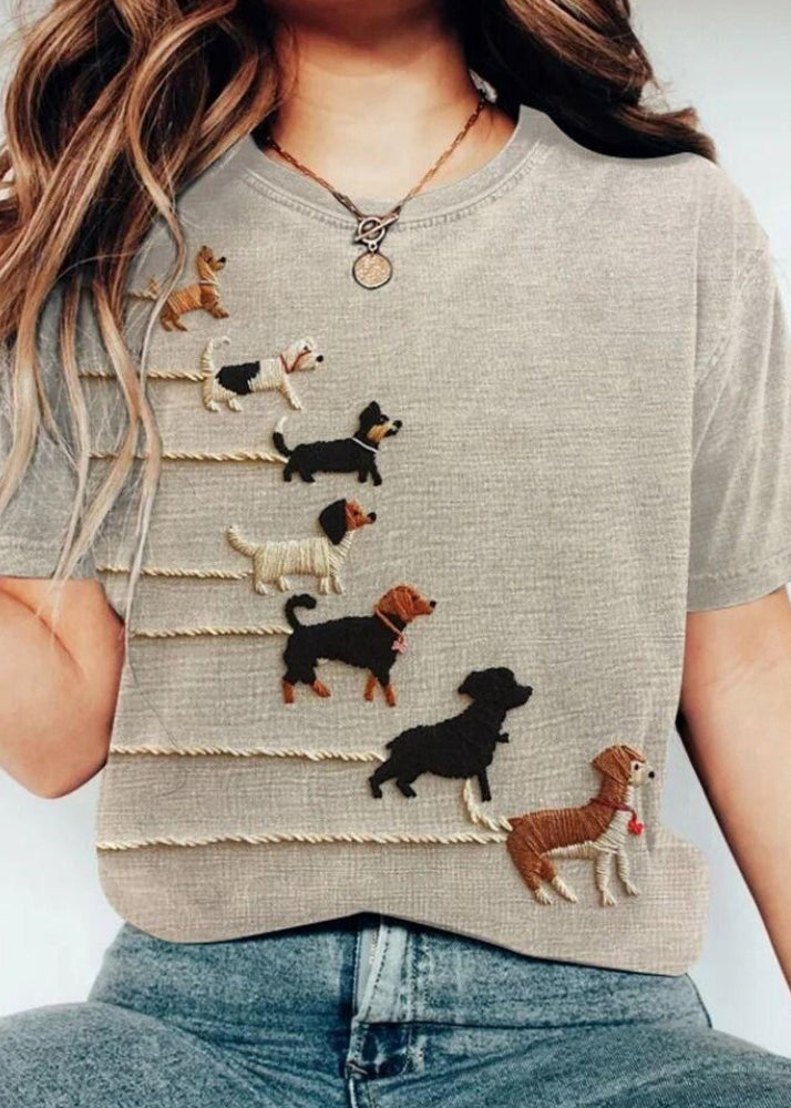 Grey O Neck Animal Cotton T Shirt Tops Summer