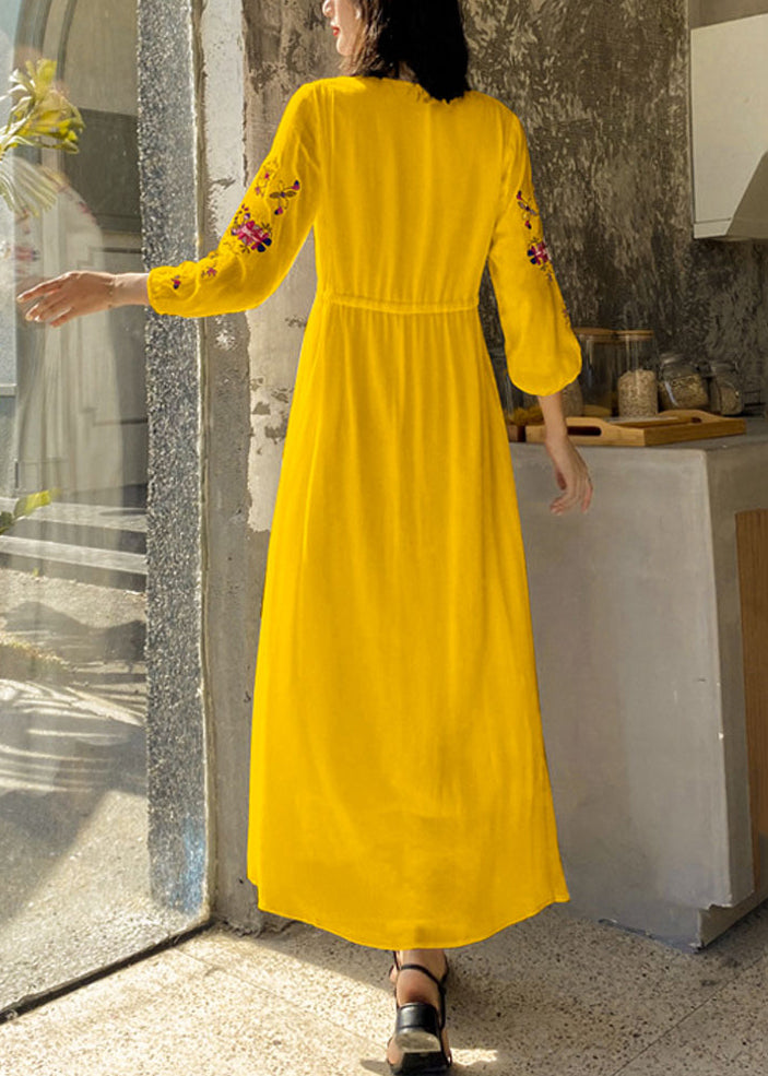 Yellow Embroidered Tie Waist Cotton Vacation Dresses Bracelet Sleeve