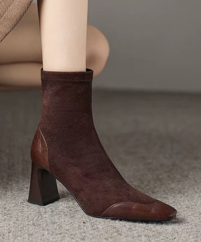 Brown Splicing Suede Chunky Heel Boots