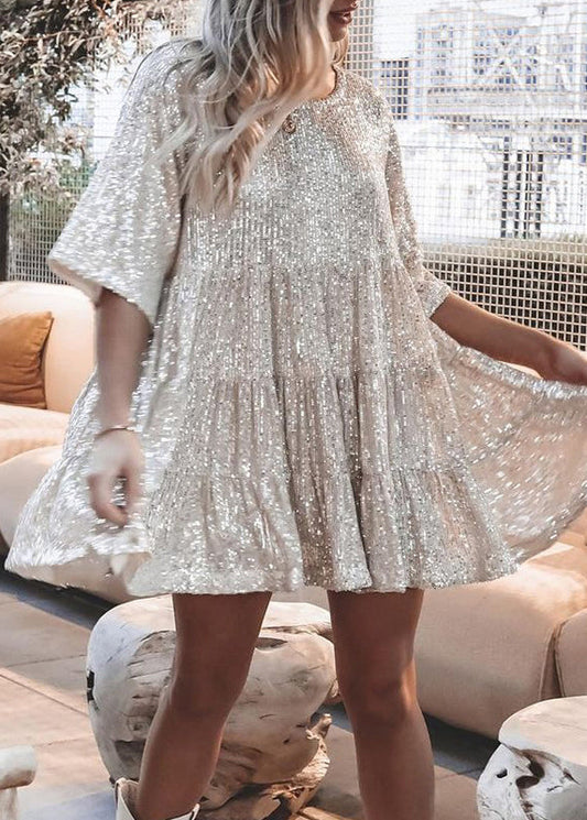 Silver O Neck Sequins Cotton Mid Dress Summer