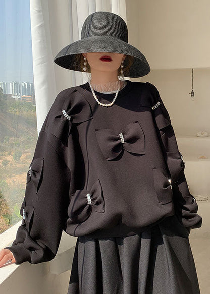Black Bow Cotton Sweatshirts Top Spring