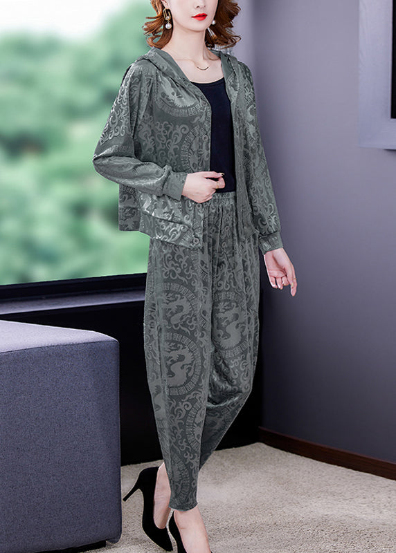 Loose Grey Print Silk Velour Coats and Harem Pants Two Pieces Set Fall