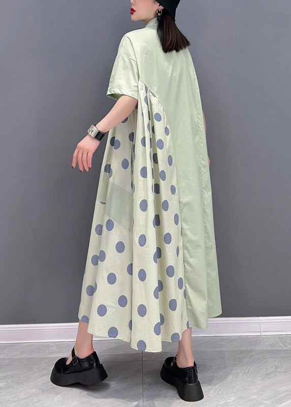Green Peter Pan Collar Dot Patchwork Button Pockets Wrinkled Dress Half Sleeve