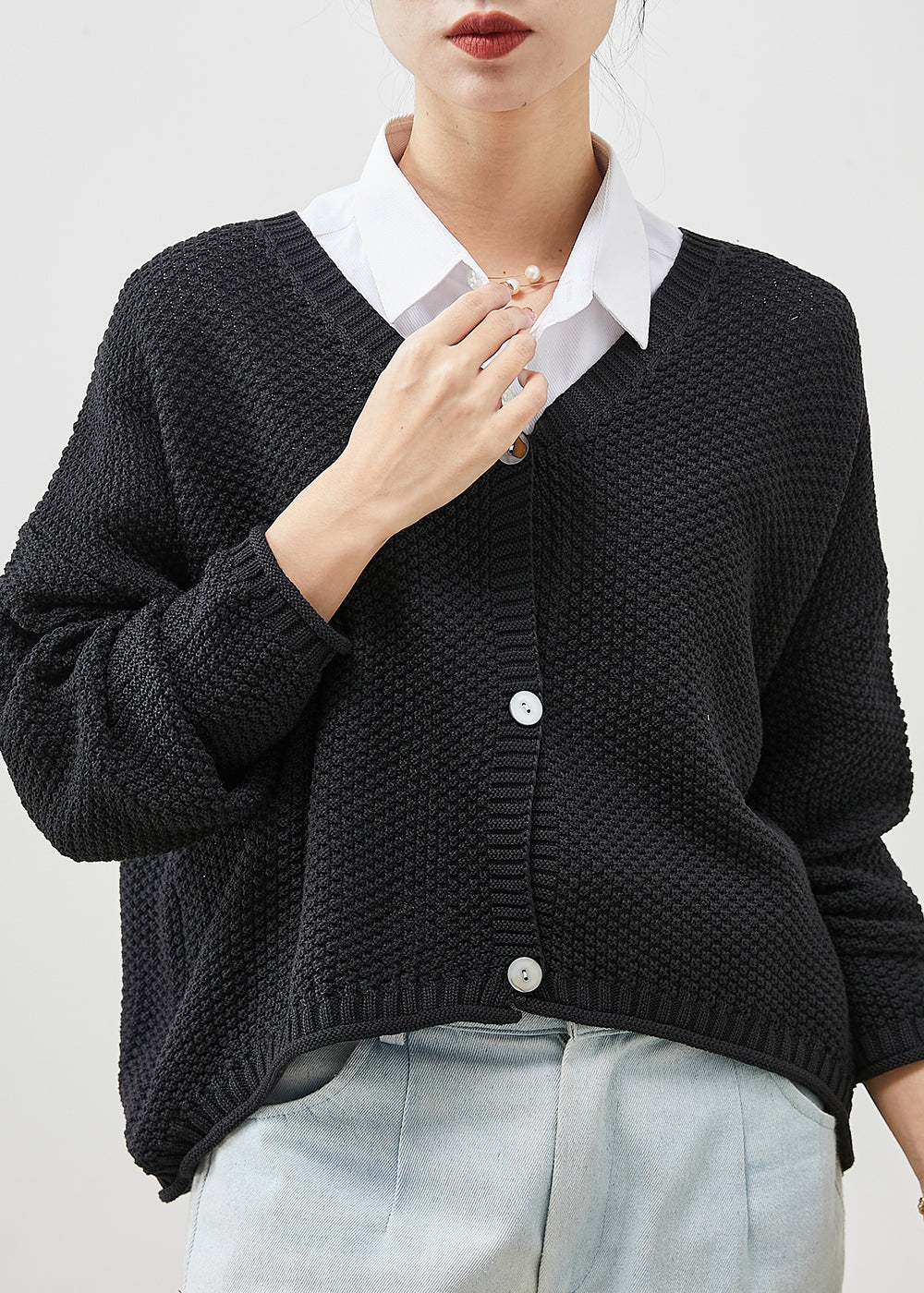 Black Oversized Button Knit Coat Spring
