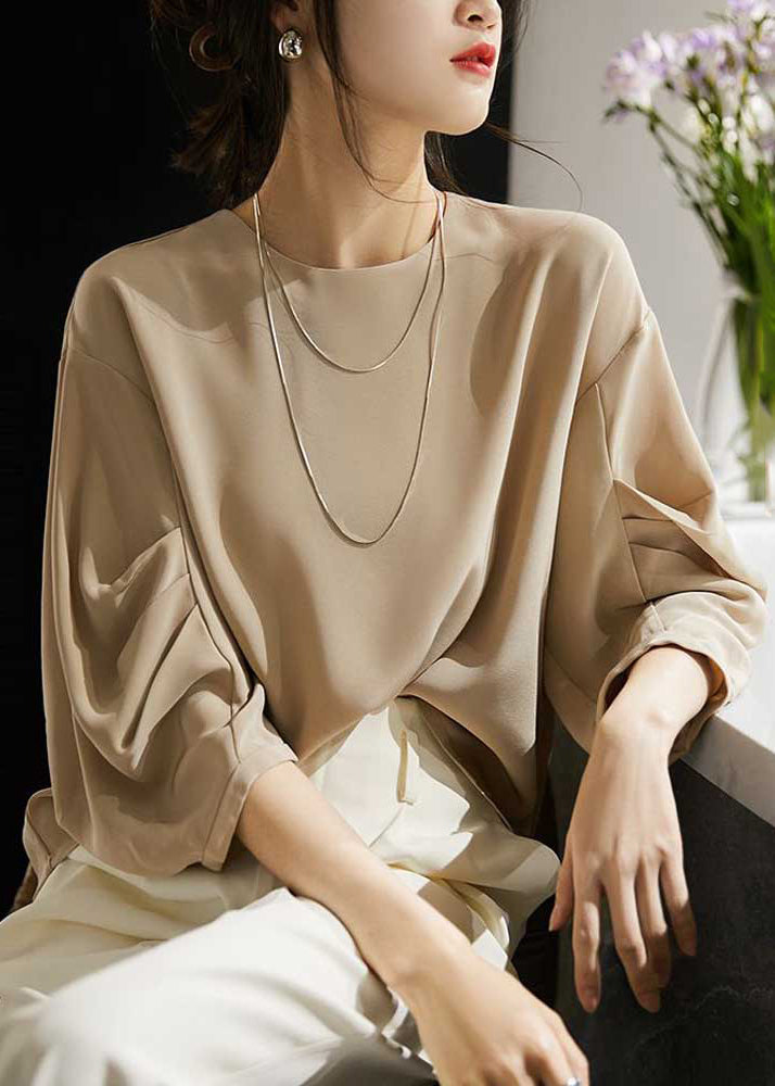 Apricot O-neck Wrinkled Chiffon Top Long Sleeve