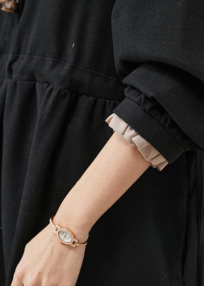 Black Drawstring Cotton Fake Two Piece Dresses Spring