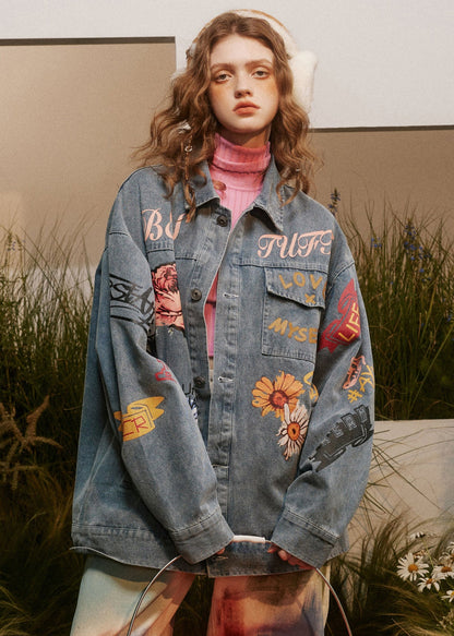 Italian Blue Print Button Patchwork Style Coats Long Sleeve