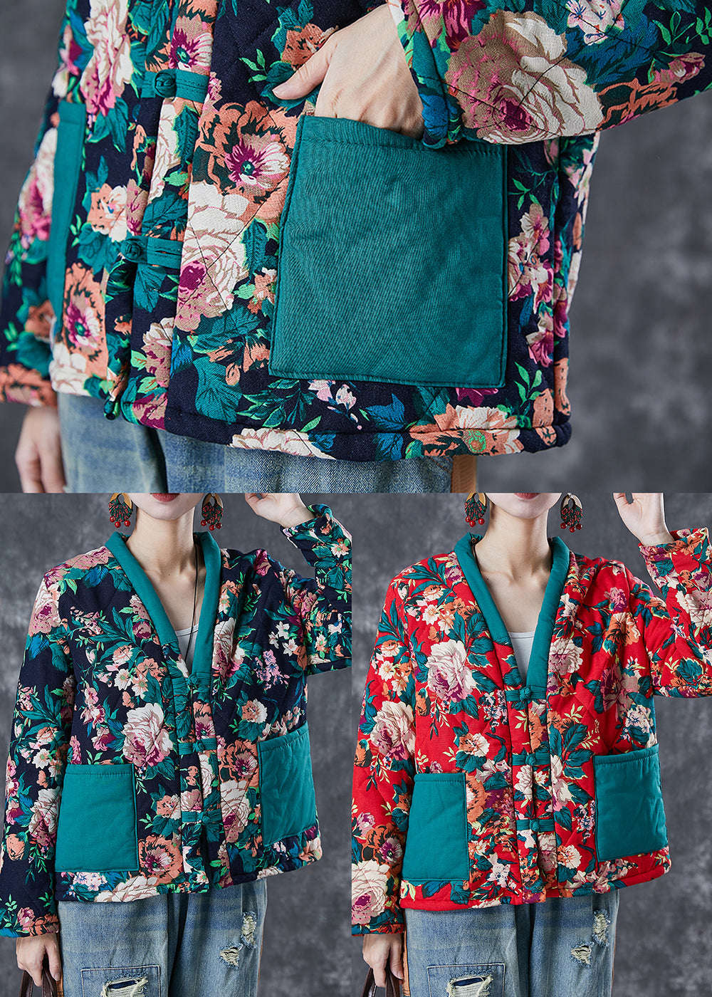 Green Print Patchwork Fine Cotton Filled Coats Winter