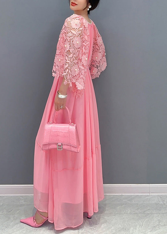 Pink O-neck Lace Patchwork Nail Bead Chiffon Long Dress Summer