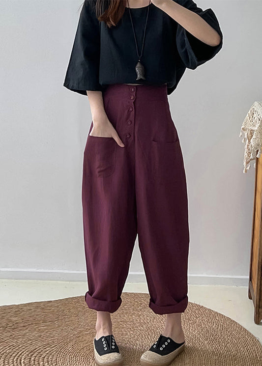 Purple High Waist Button Down Cotton Pants Trousers Fall