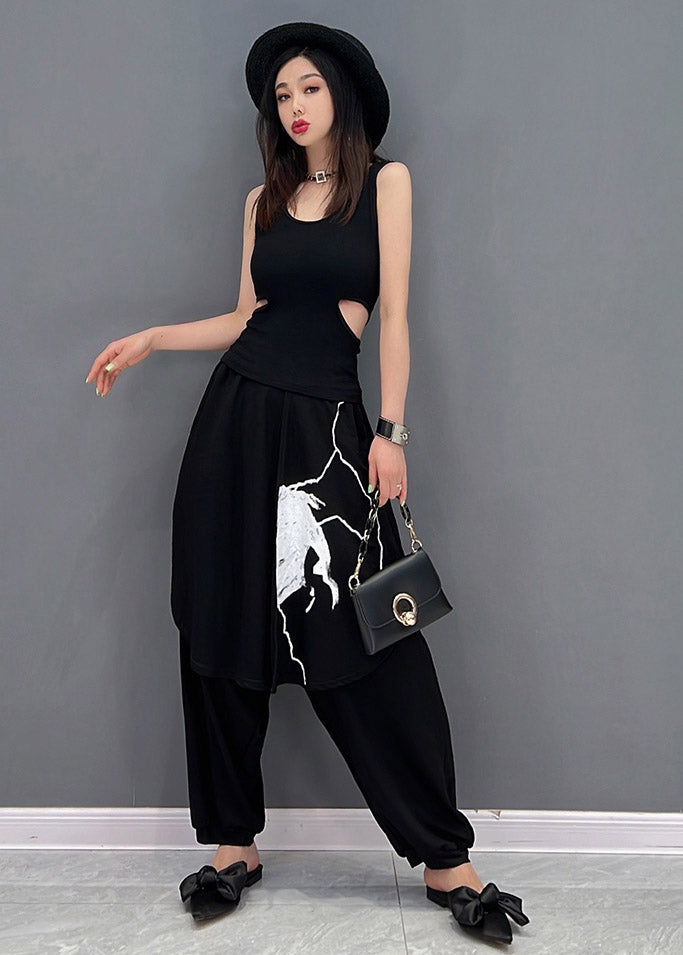 Vogue Black O-neck Tank Top and Harem Pants Two Pieces Set Summer