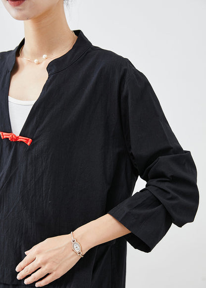 Black Lace Up Chinese Button Cotton Blouse Top Fall