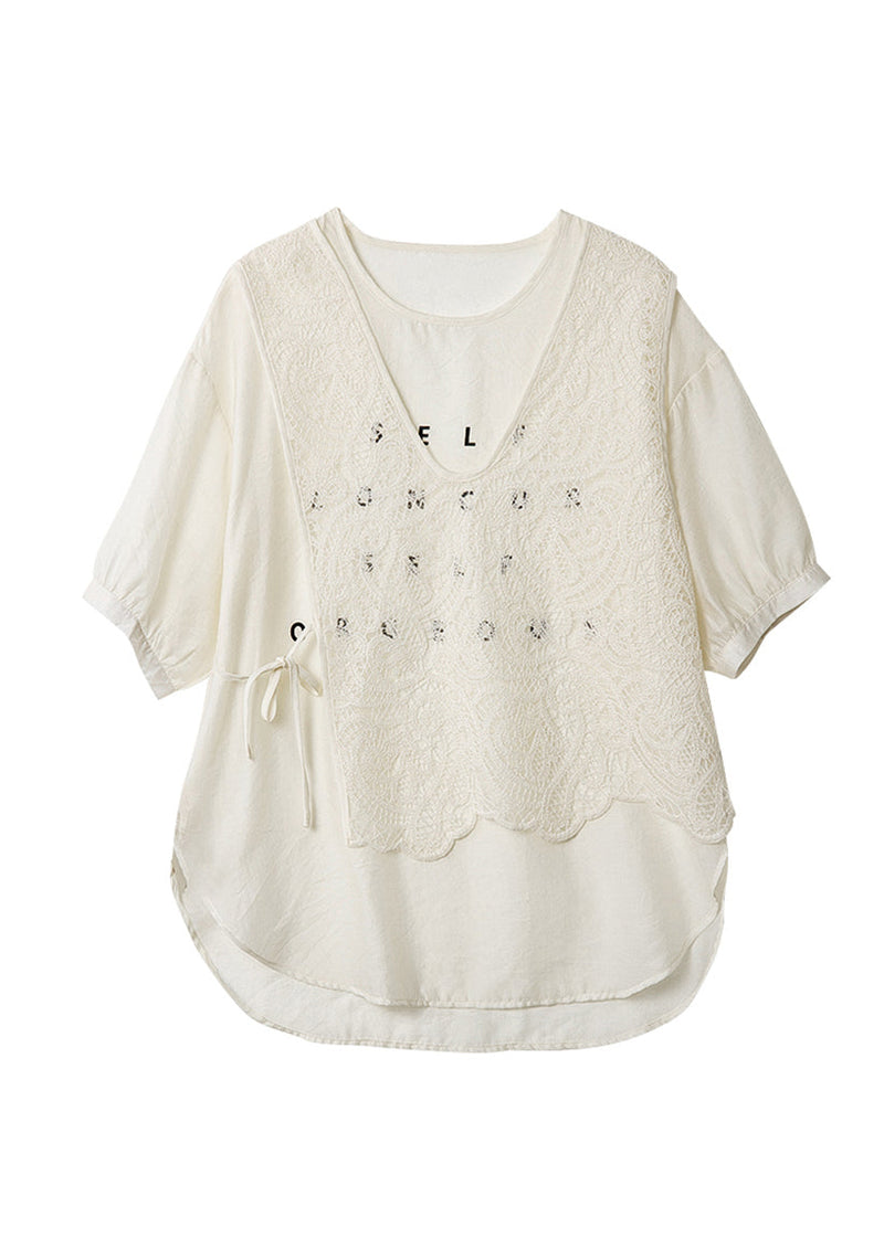 Beige O Neck Lace Patchwork False Two Pieces Chiffon Top Summer