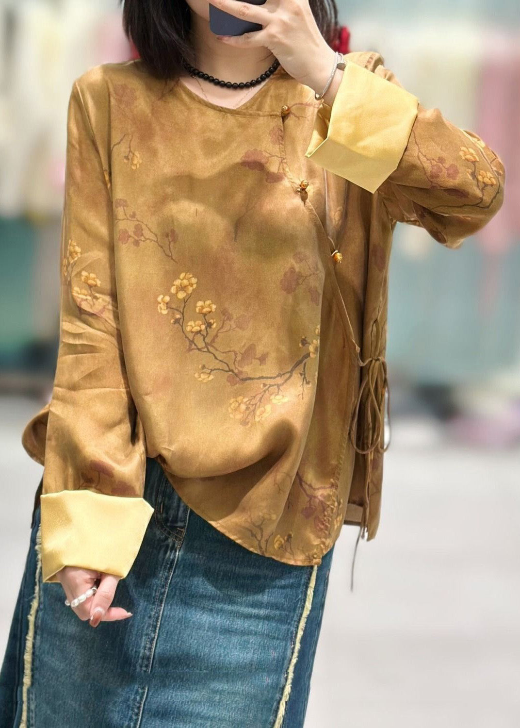 Chinese Style Yellow Button Print Lace Up Silk Shirt Long Sleeve