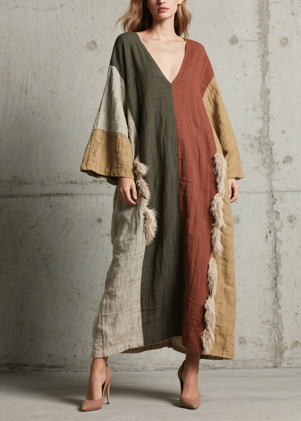 Retro Colorblock Oversized Patchwork Faux Fur Maxi Dresses Fall