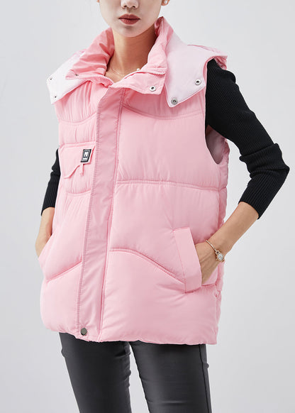 Pink Hooded Warm Fine Cotton Filled Puffers Vests Winter