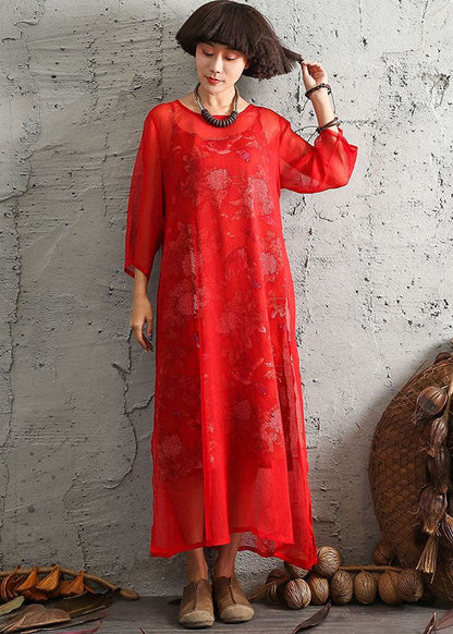 Red O-neck Print Cotton Two Pieces Set Spring