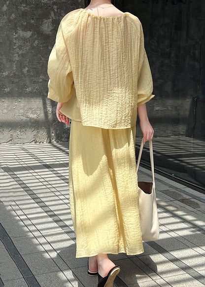 Loose Yellow Wrinkled Lace Up Silk Two Pieces Set Fall