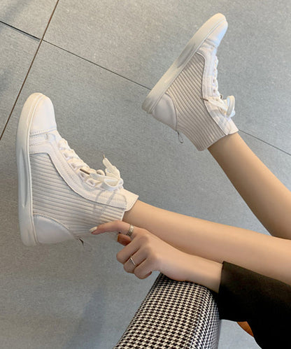 White Lace Up Splicing Cowhide Leather Flat Boots