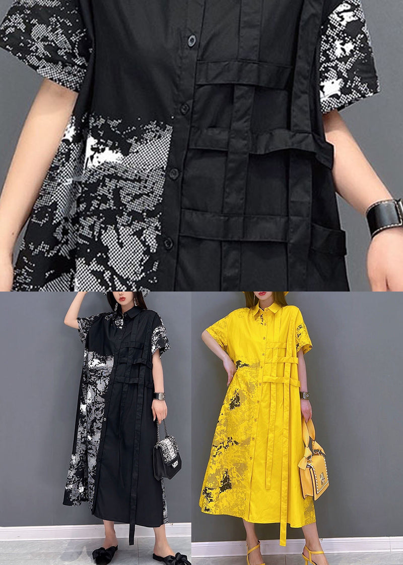 Black Peter Pan Collar Print Cotton Shirt Dress Short Sleeve