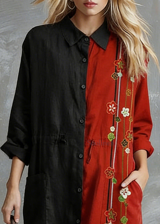 Red Flower Linen Shirt Dress Oversize Spring Maxi Dresses