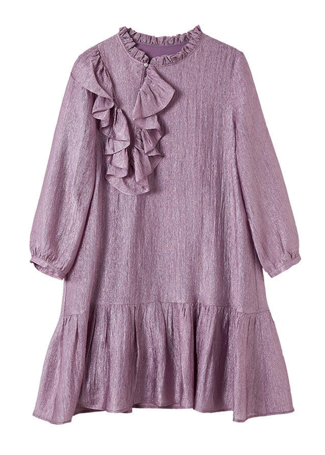 Simple Purple Stand Collar Ruffled Mid Dress Spring