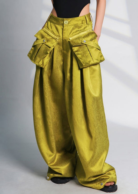 Green Pockets High Waist Cotton Wide Leg Pants Spring
