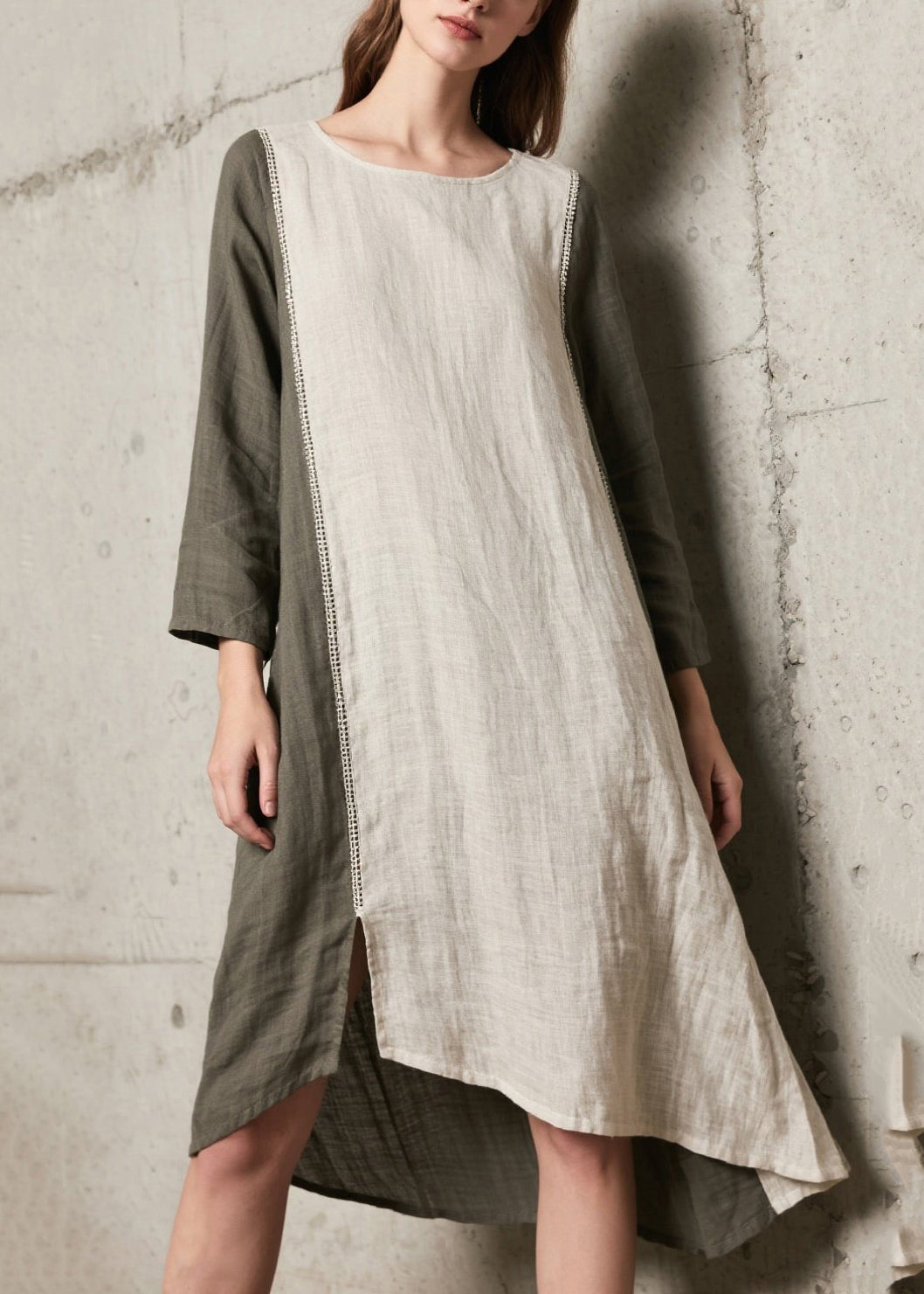 Unique Beige Oversized Patchwork Side Open Cotton Maxi Dress Spring