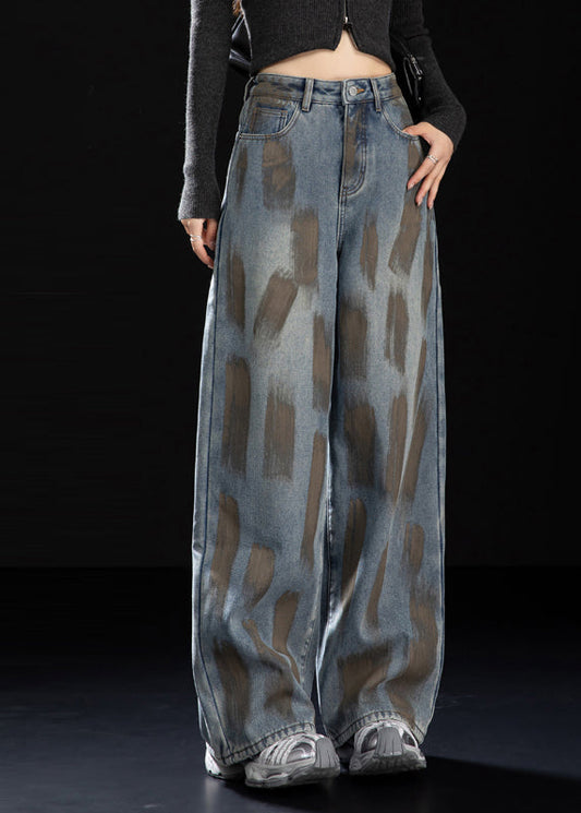 Navy Oversized Painting Warm Fleece Denim Pants Winter