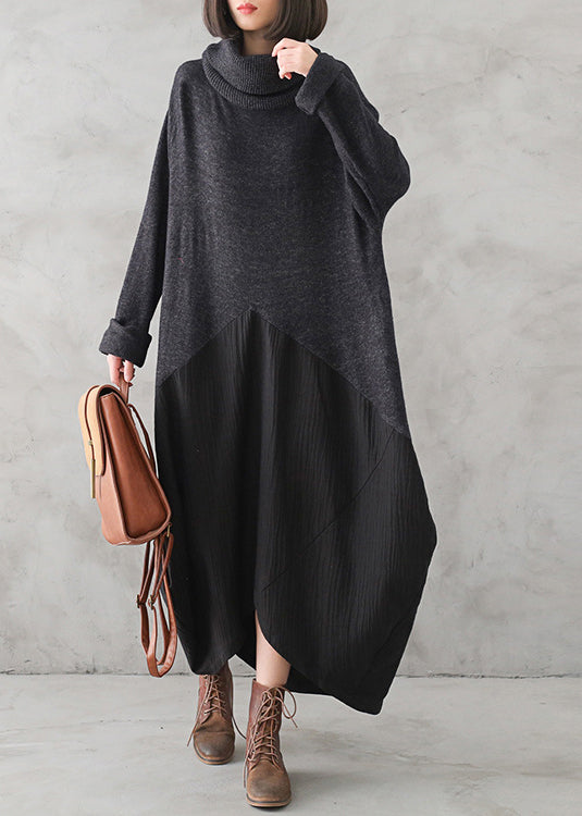 Dark Gray Turtleneck Button Linen Patchwork Knit Long Dress Fall