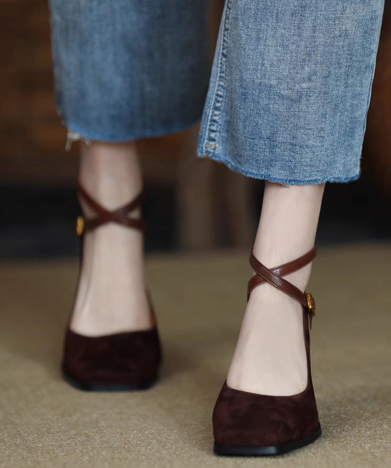 European and American Style Brown Buckle Strap Suede Chunky High Heels
