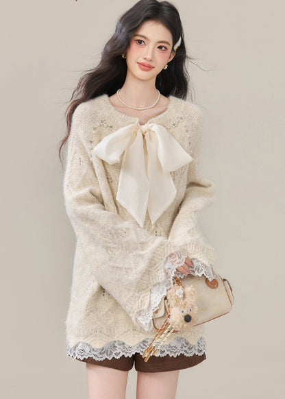 Beige Bow Nail Bead Patchwork Lace Knit Tops Winter