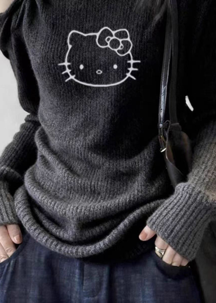 Dark Grey Cold Shoulder Print Cotton Knit Sweater Tops Spring