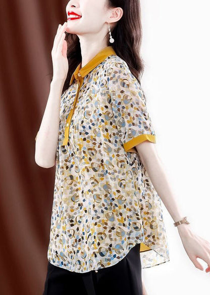 Yellow Peter Pan Collar Print Wrinkled Chiffon Blouses Summer