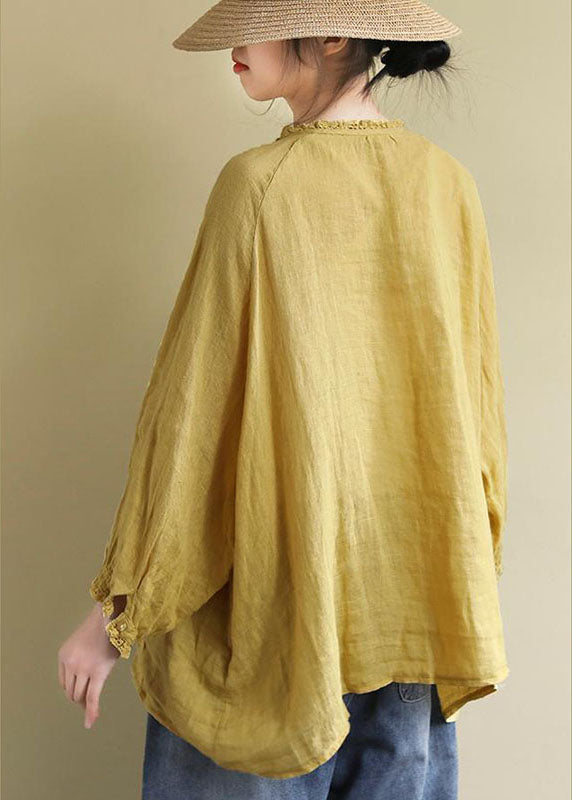 Yellow Button Embroideried Linen Shirts Long Sleeve
