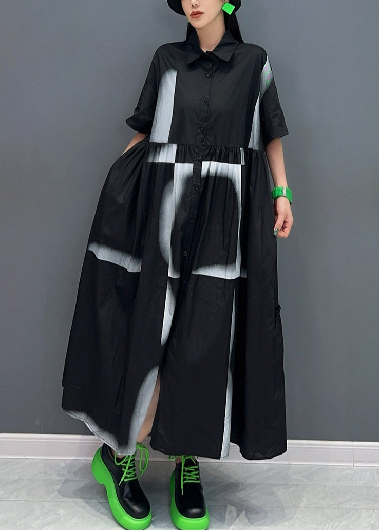 Black Peter Pan Collar Patchwork Long Shirts Dresses Summer