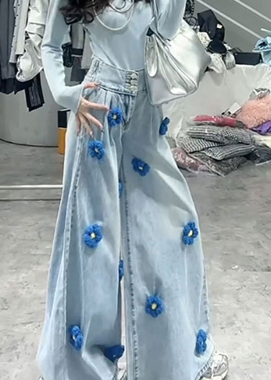 Blue High Waist Decorated Denim Wide Leg Pants Spring