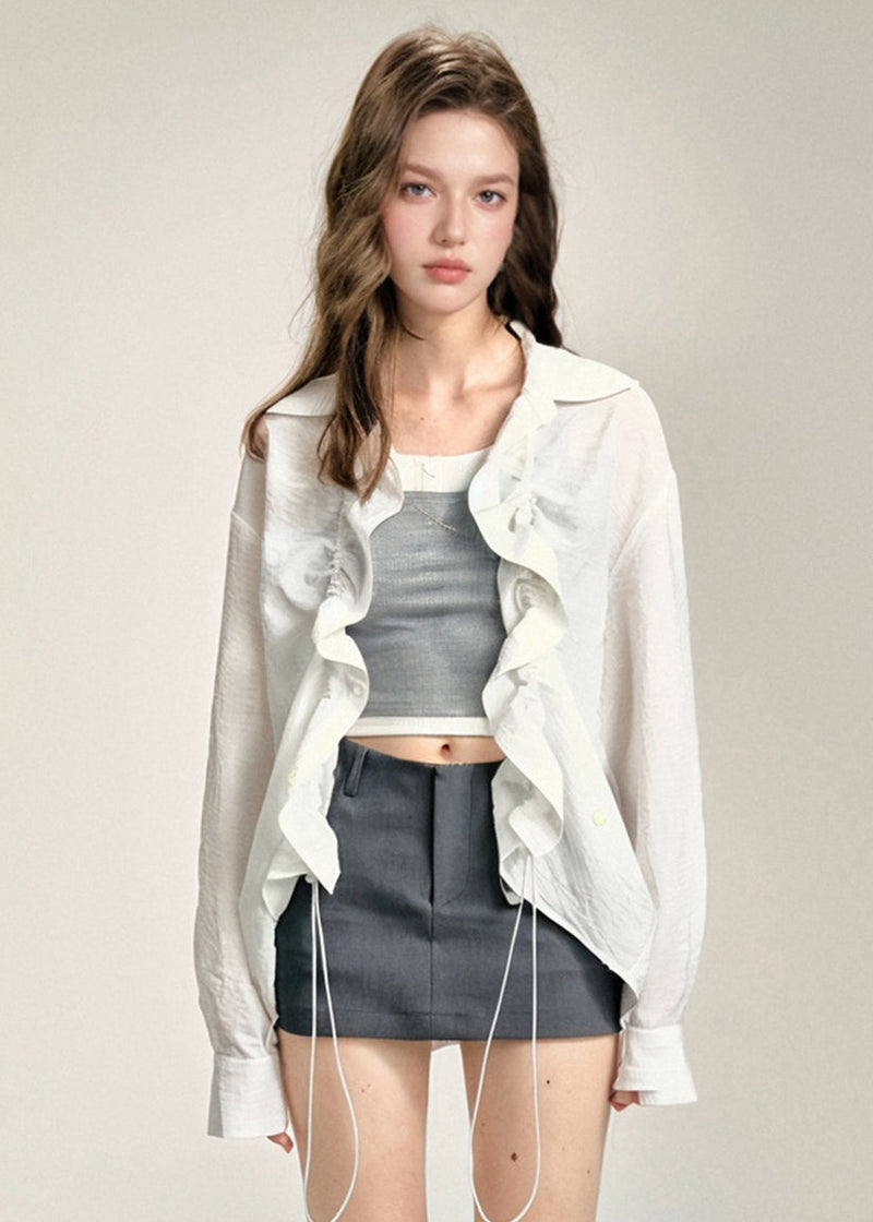 White Peter Pan Collar Cinched Cotton Shirts Top Fall