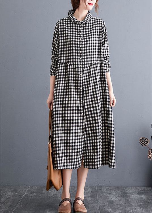Classy Black Peterpan Collar Plaid Cotton Long Dress Spring